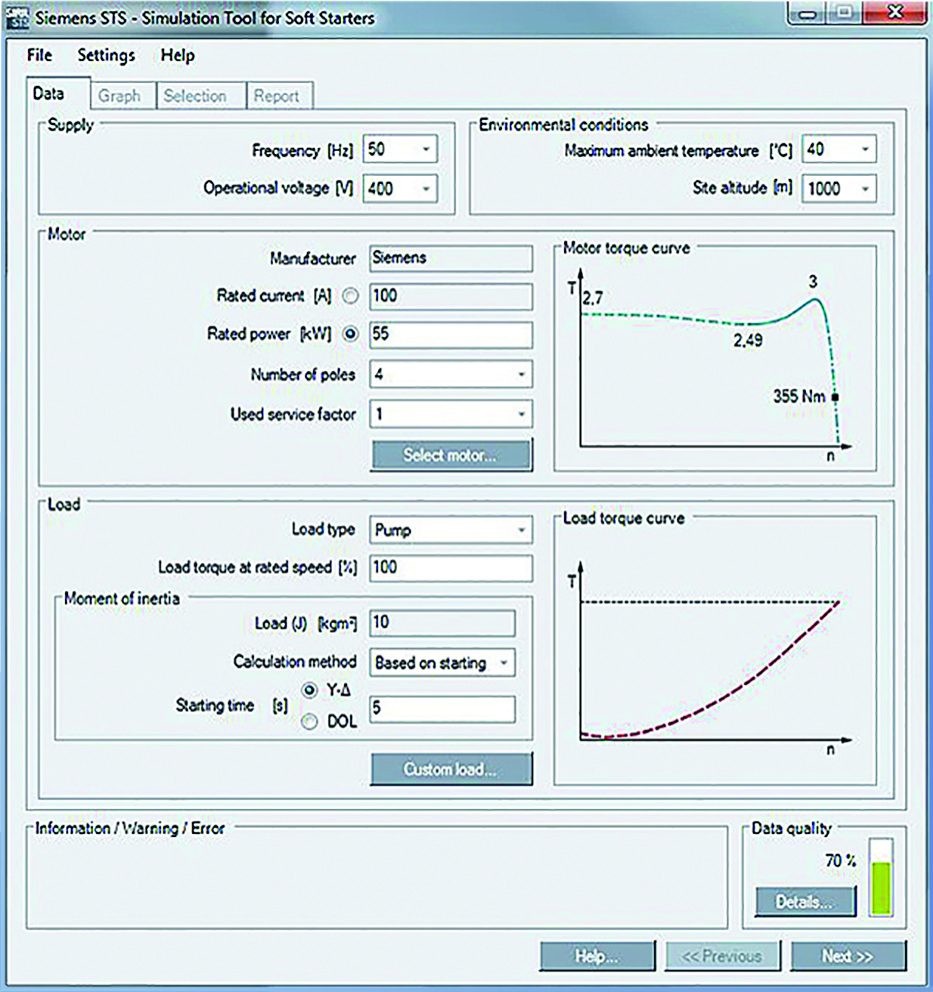 Simulation tool for soft starters – Simple entry of motor and load data 