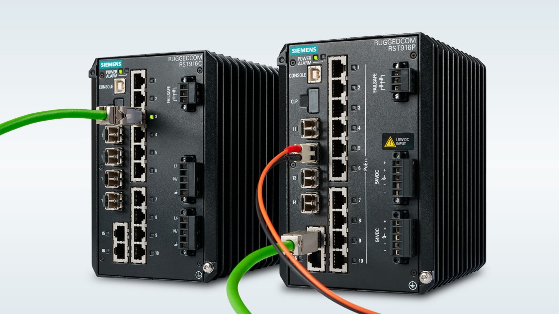 Фотография компактных коммутаторов RUGGEDCOM RST916P и RST916C для сетей Ethernet